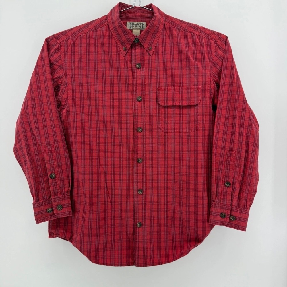 Duluth Trading Co Button Down Shirt Mens M Long Sleeve Cotton Red Plaid